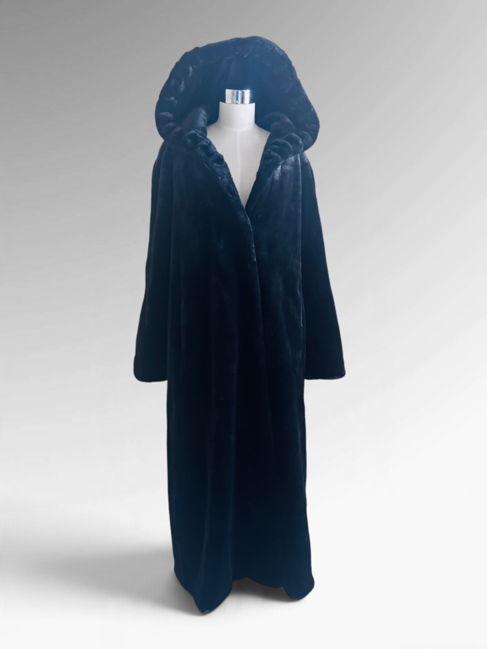 Nuage Vintage 1990s Full-Length Black Faux Fur Hooded Coat
